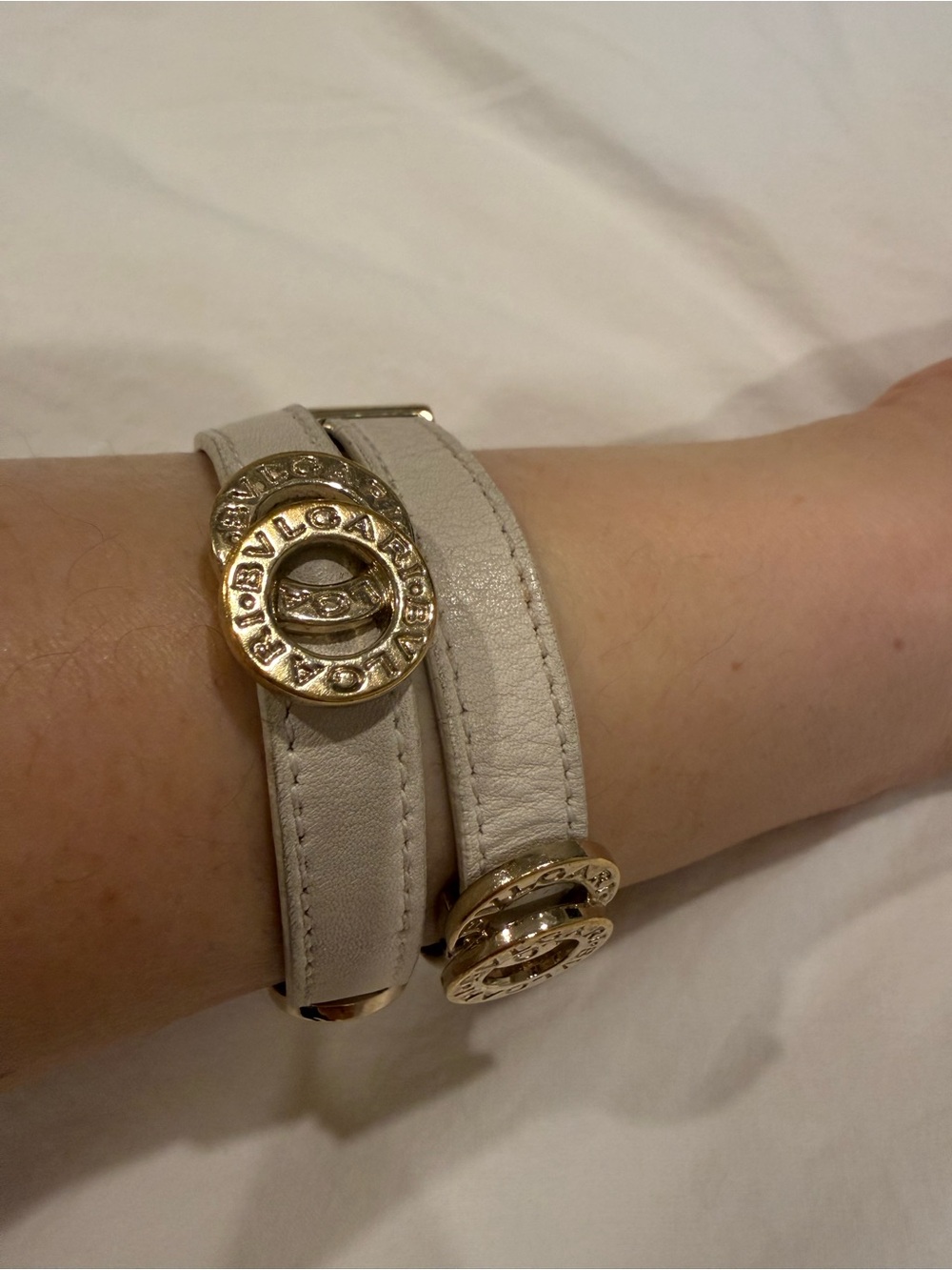 Bulgari Double Wrap Leather Bracelet/choker in white/grey with Gold Accents